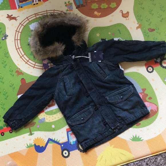 ❄️ GAP Kids 1969 Denim Snorkel Parka Sherpa Hooded Coat Jacket Blue - Picture 8 of 16